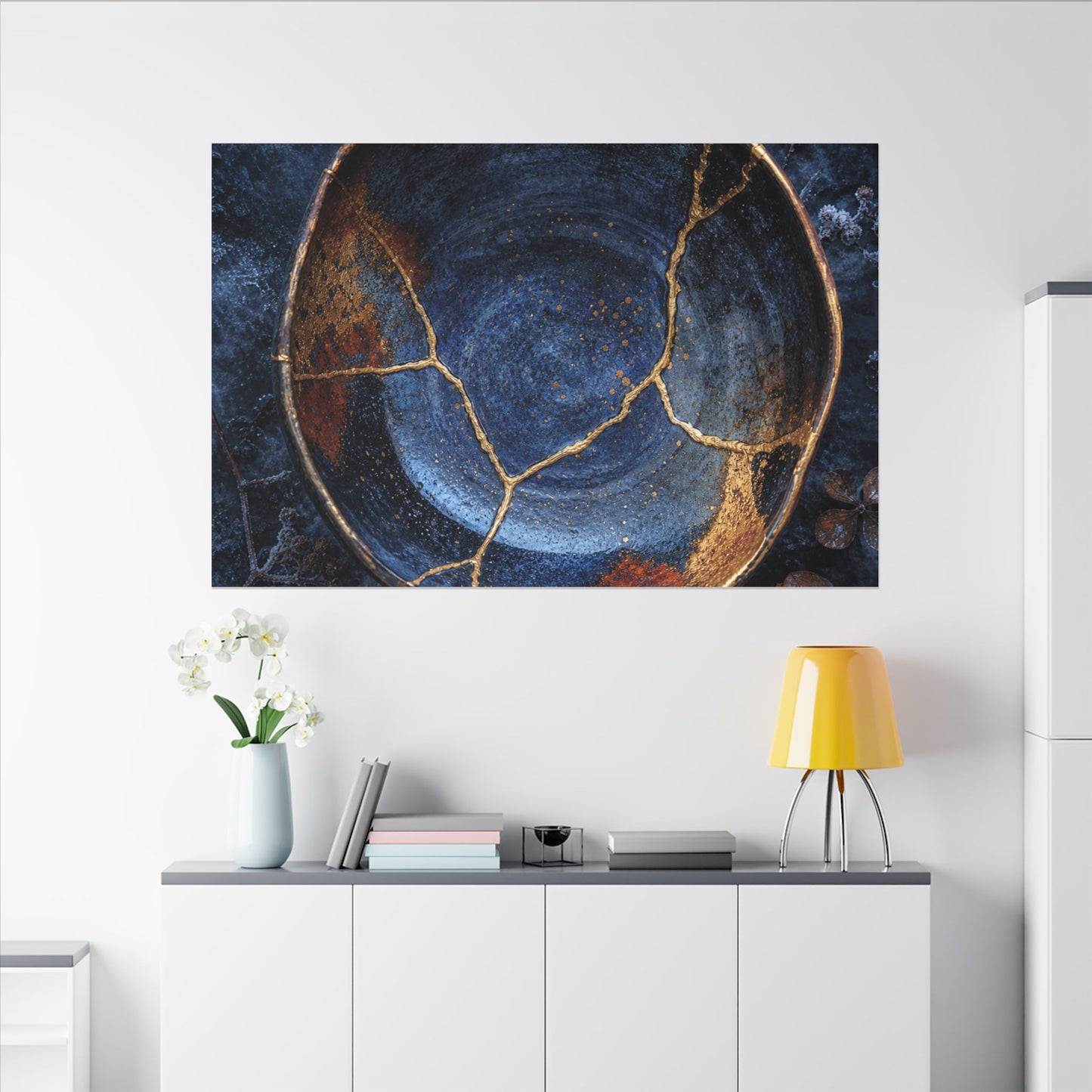 Kintsugi Ceramic Bowl in Moonlight | Crackle Gold Canvas Art