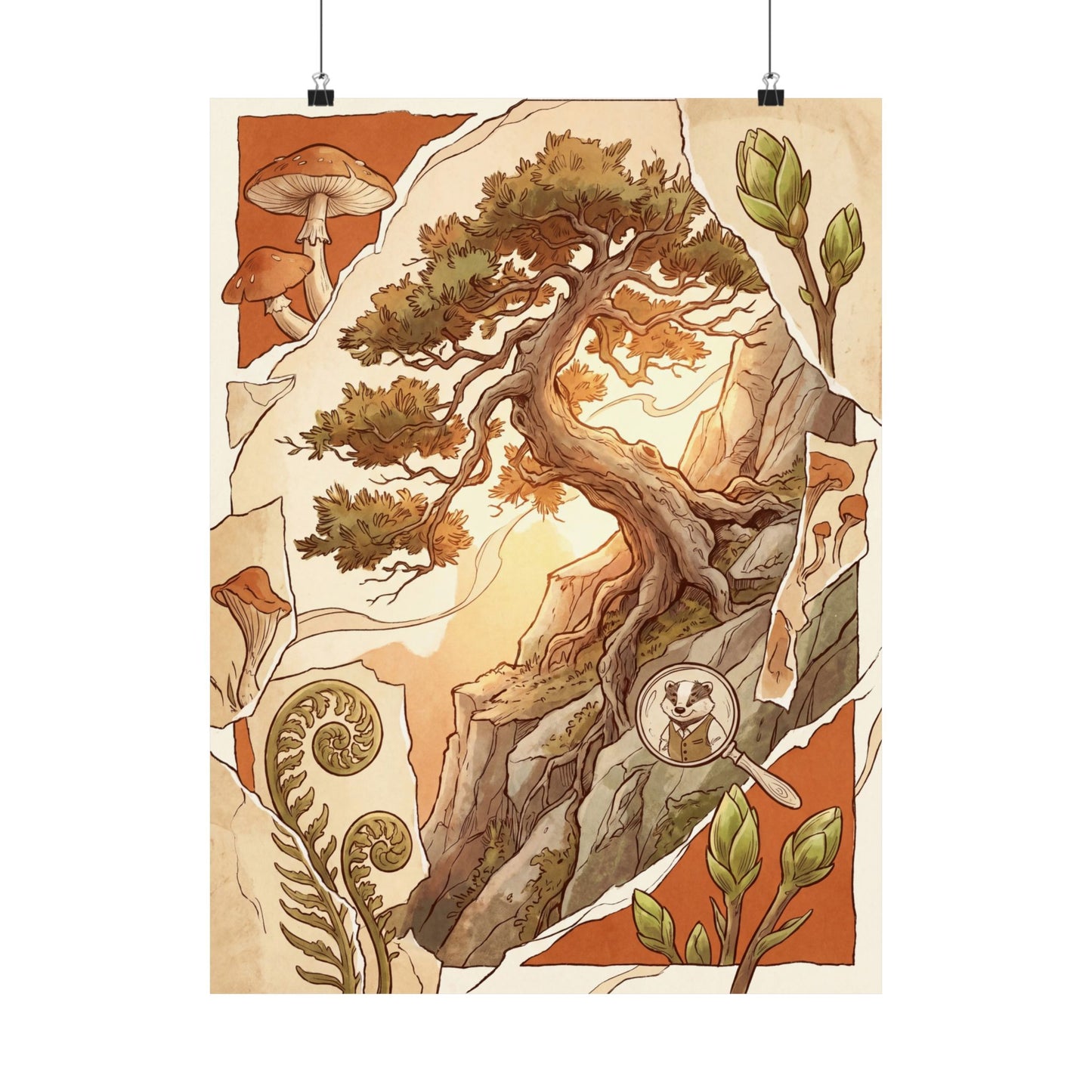 Spring Pine Tree Mushroom Illustration Wall Art Print | Cozy Decor