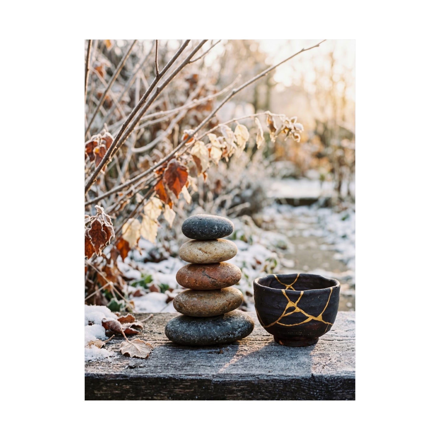 Winter River Stones Gold Repair Wall Art Print | Healing Decor