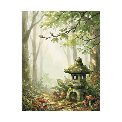 Spring Stone Lantern Mushroom Illustration Wall Art Print | Earthy Decor