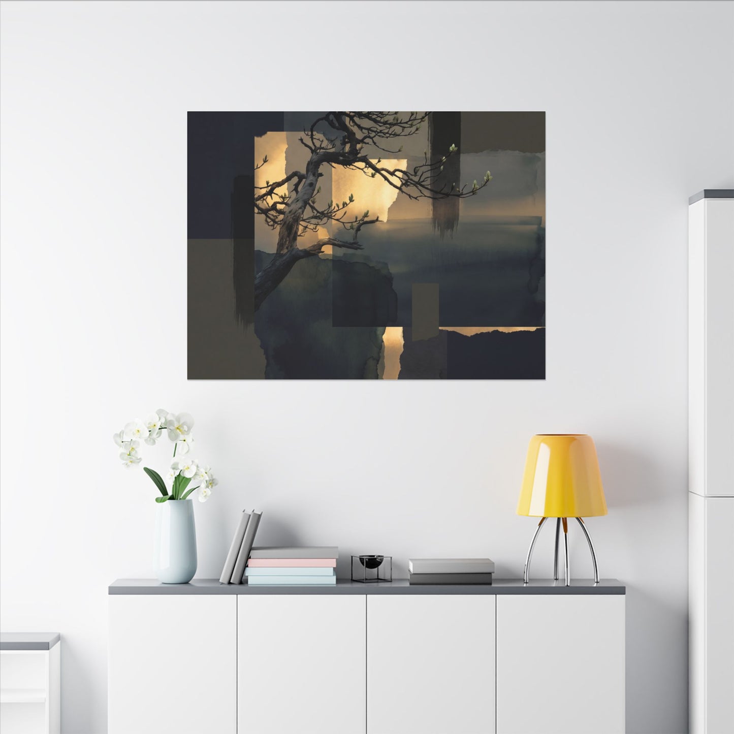 Golden Hour Pine Tree Canvas Art - Dark Japandi Kanso