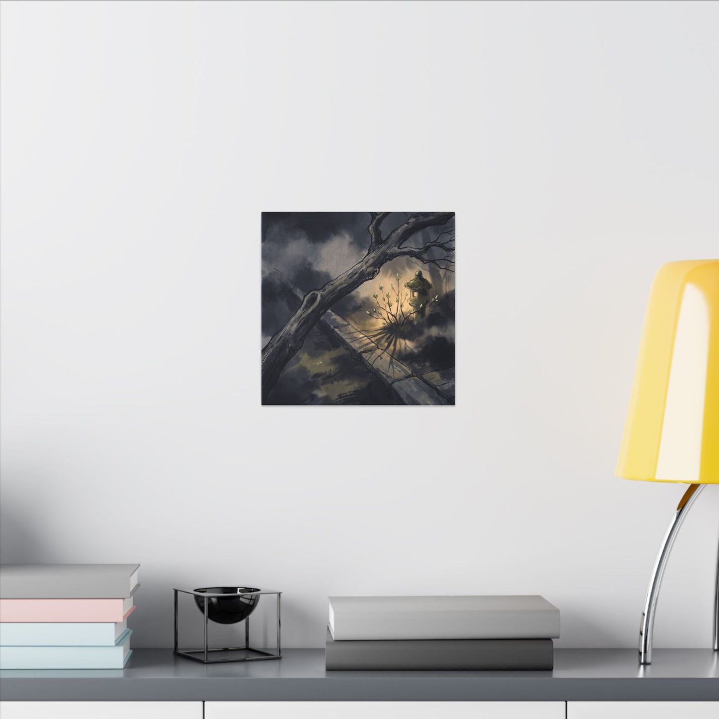 Dark Japandi Moonlit Garden in Golden Hour | Charcoal Ink Canvas Art