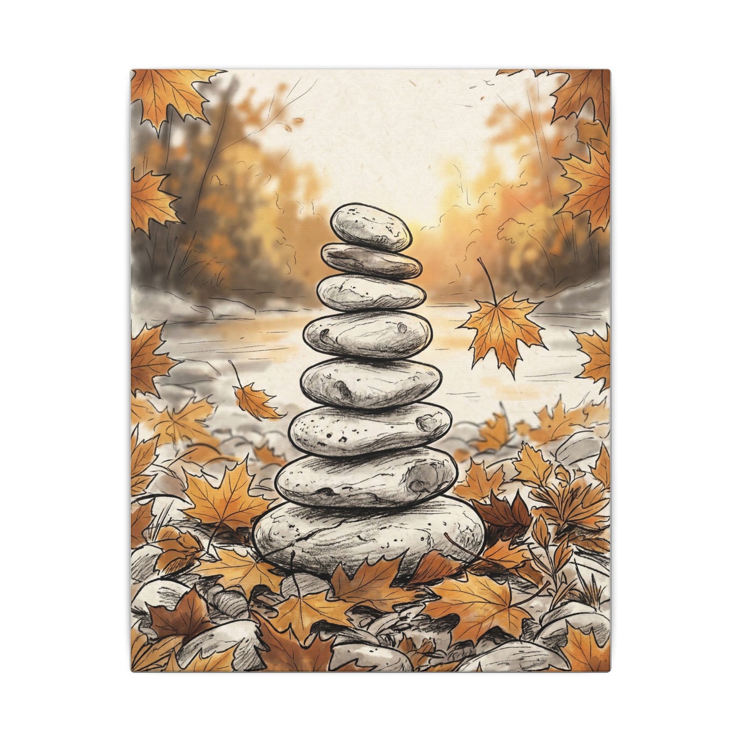 Earthy River Stones Canvas Art - Minimal Line Japandi