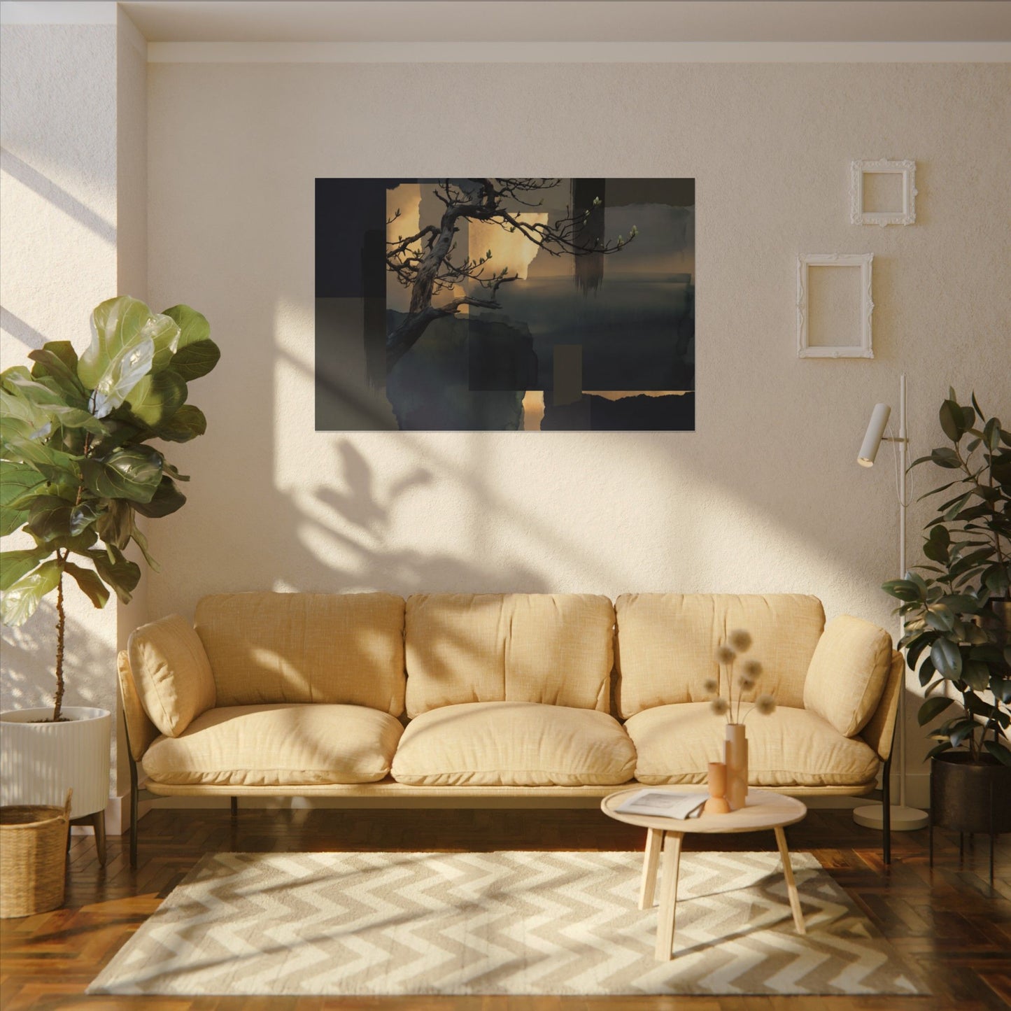 Golden Hour Pine Tree Canvas Art - Dark Japandi Kanso