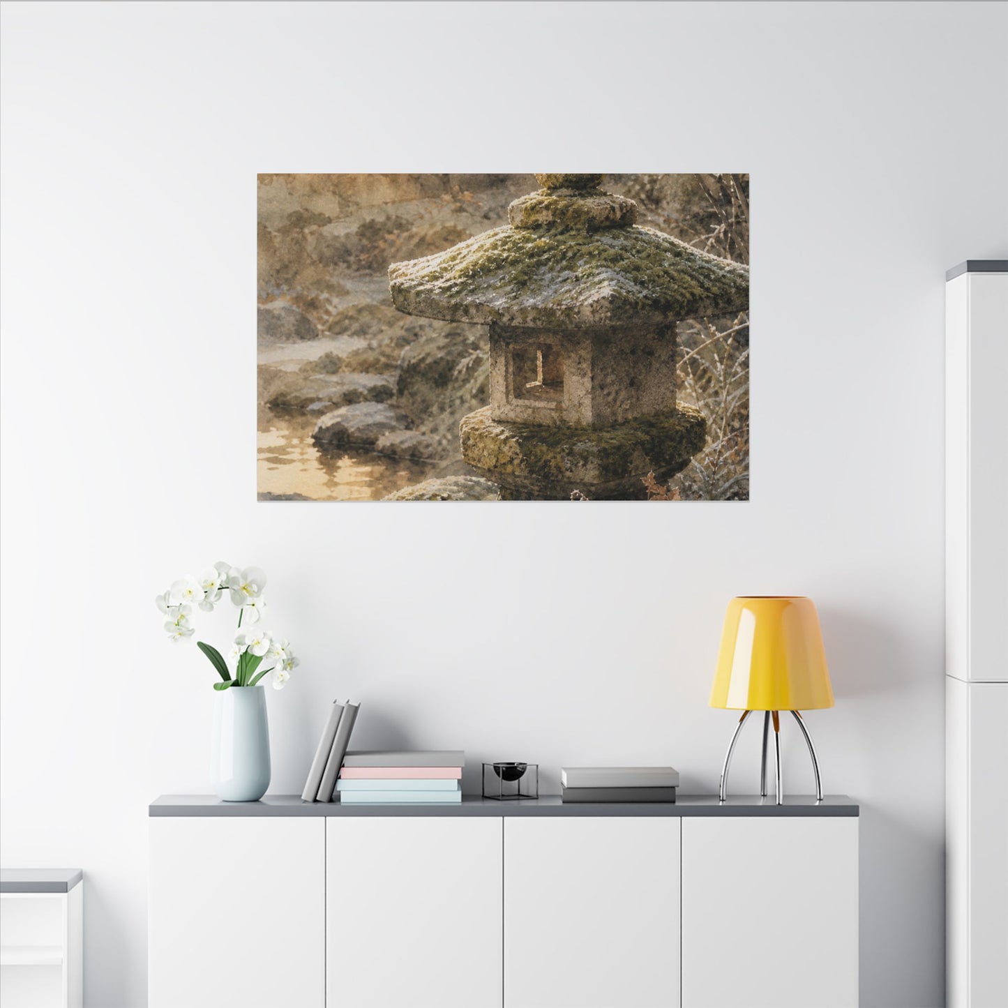 Winter Stone Lantern Watercolor Canvas Art | Earthy Decor