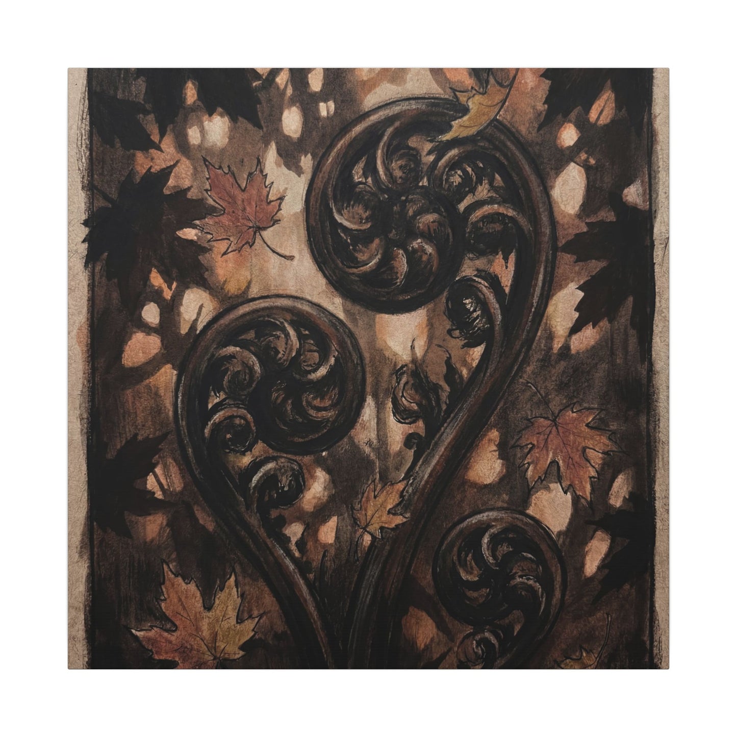 Mono No Aware Fern Unfurling Canvas Art - Dark Japandi Charcoal Ink