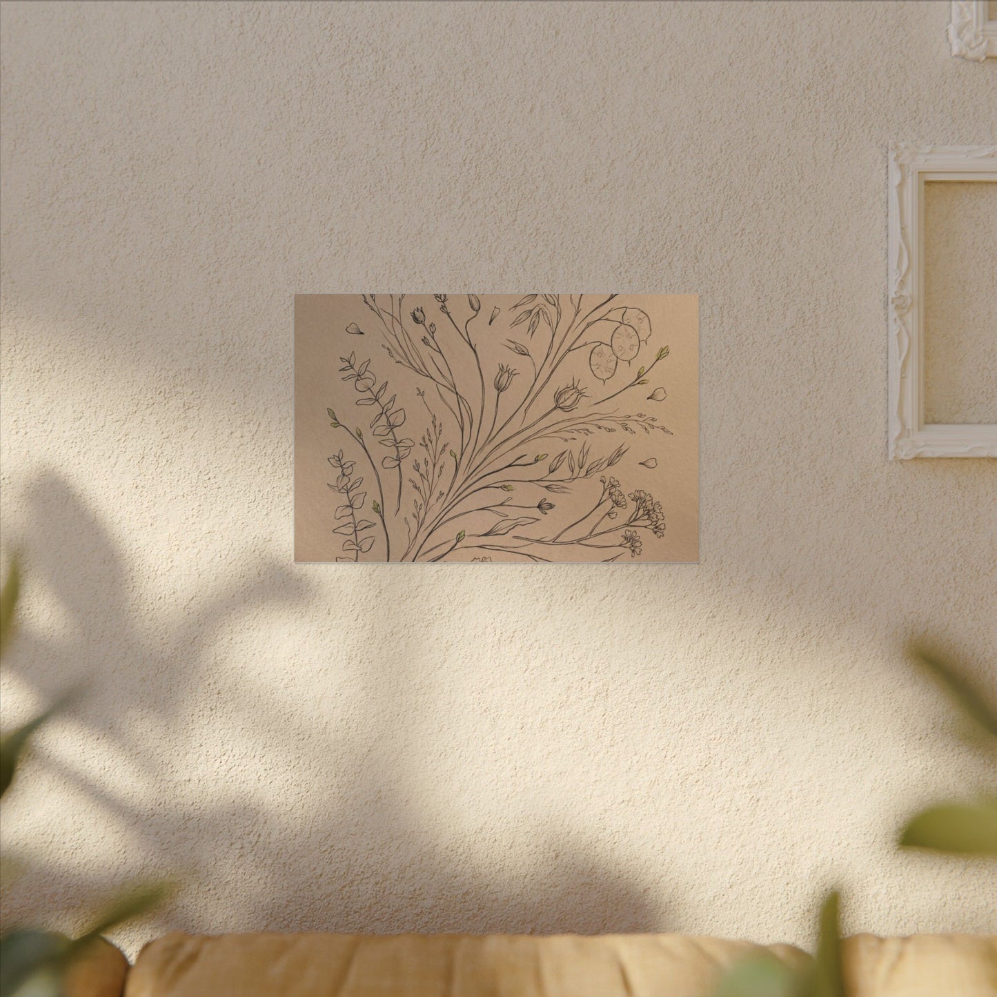 Japandi Dried Flowers in Golden Hour | Minimal Line Canvas Art