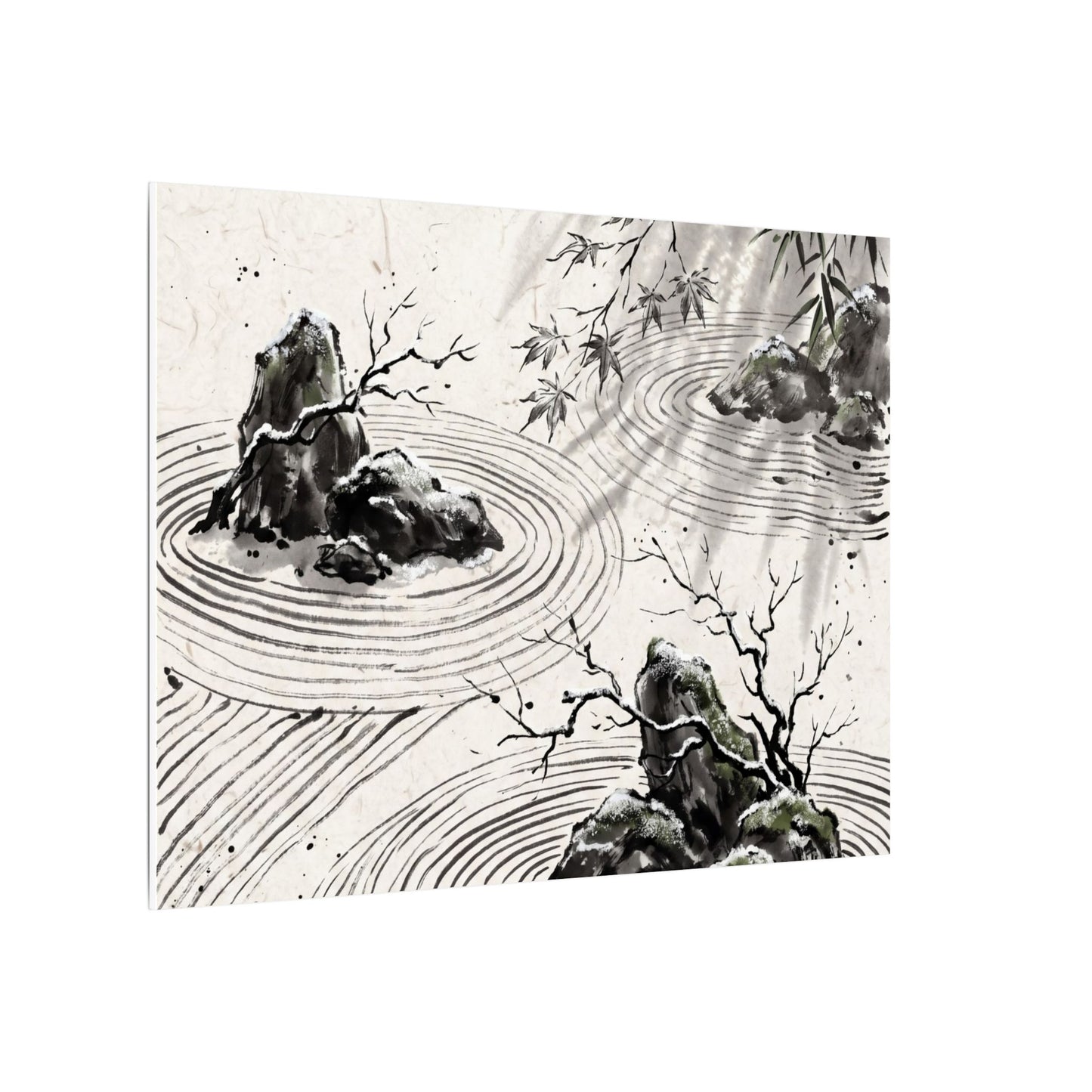 Rock Garden Canvas Art | Winter Zen Sumi E Art