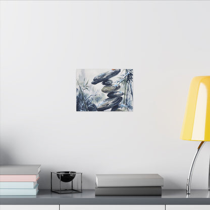 Zen River Stones in Moonlight | Sumi E Canvas Art