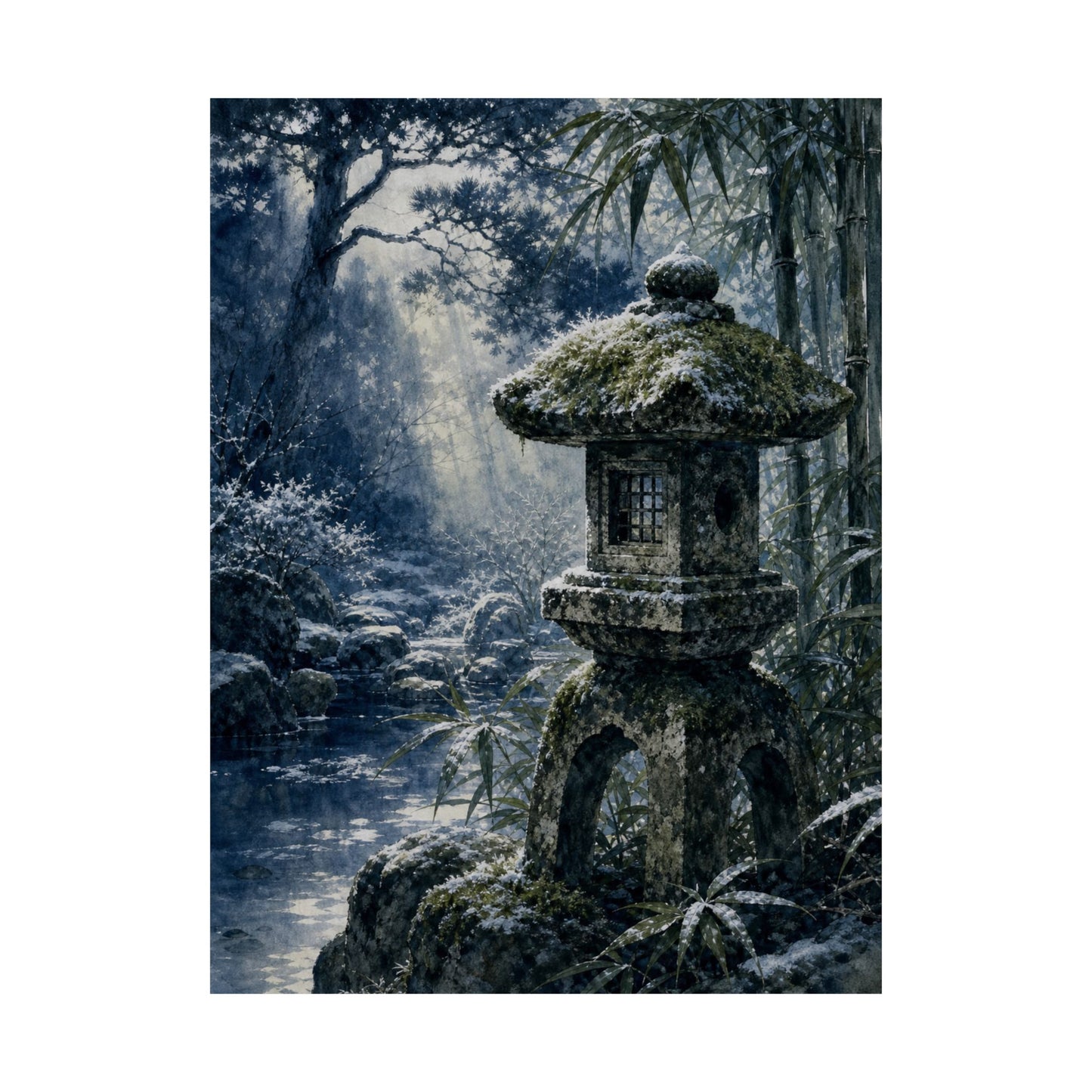Zen Stone Lantern in Dappled | Sumi E Wall Art Print