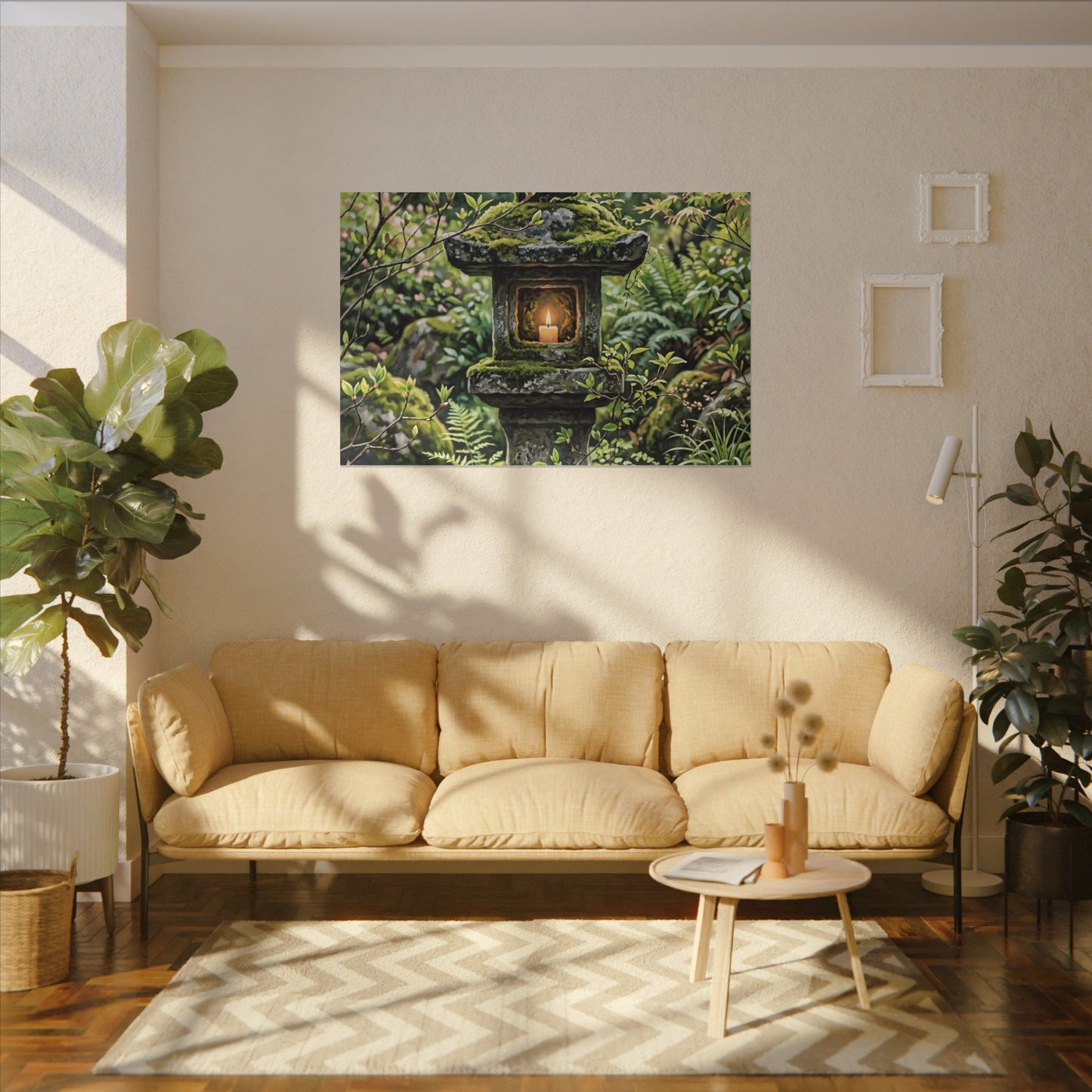 Neutral Stone Lantern Canvas Art - Japanese Pattern Japandi