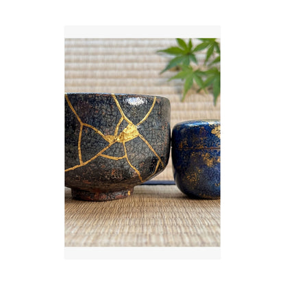 Kintsugi Tea Ceremony in Dawn | Crackle Gold Wall Art Print