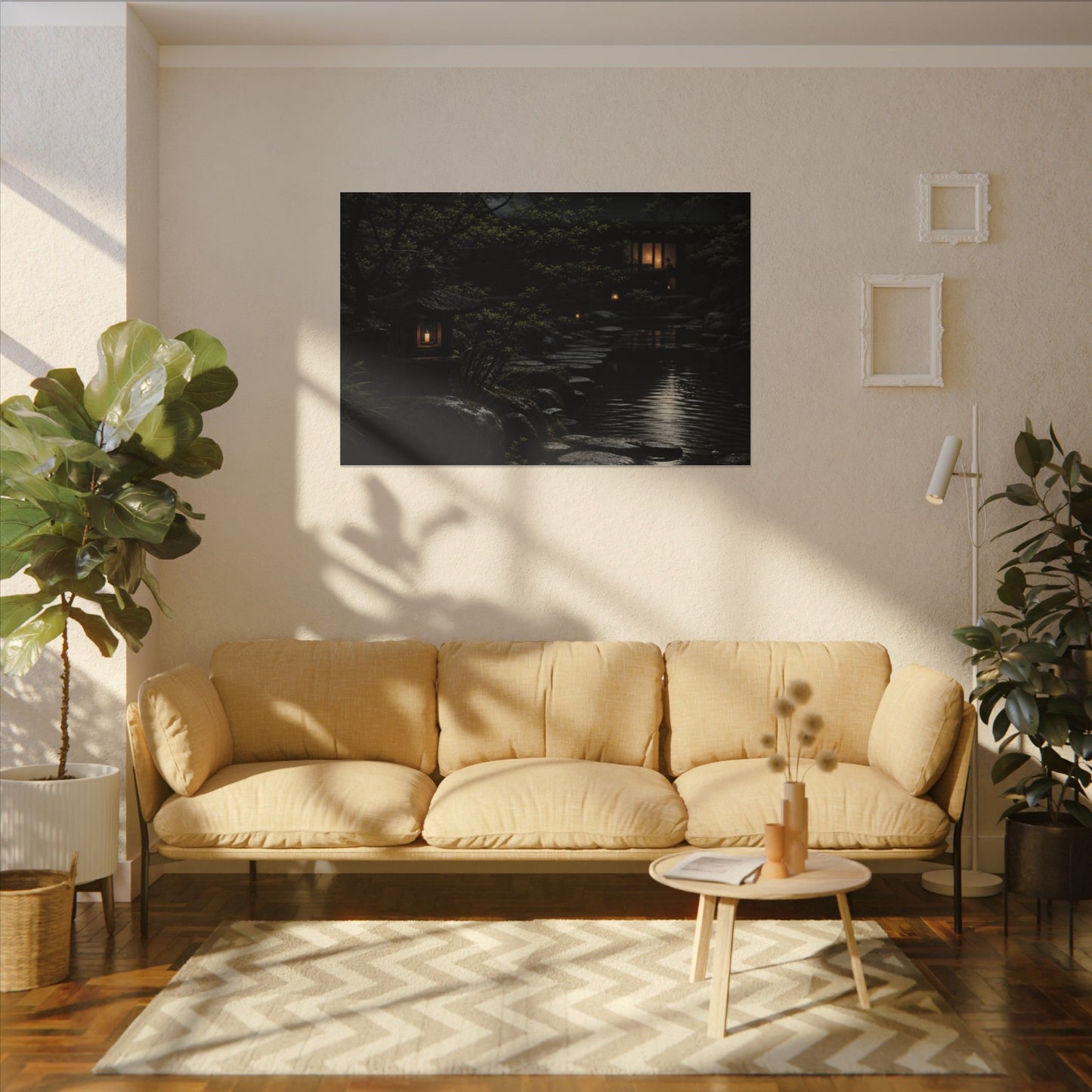 Moonlit Garden Shadow Zen Canvas Art | Sophisticated Dark Japandi Art
