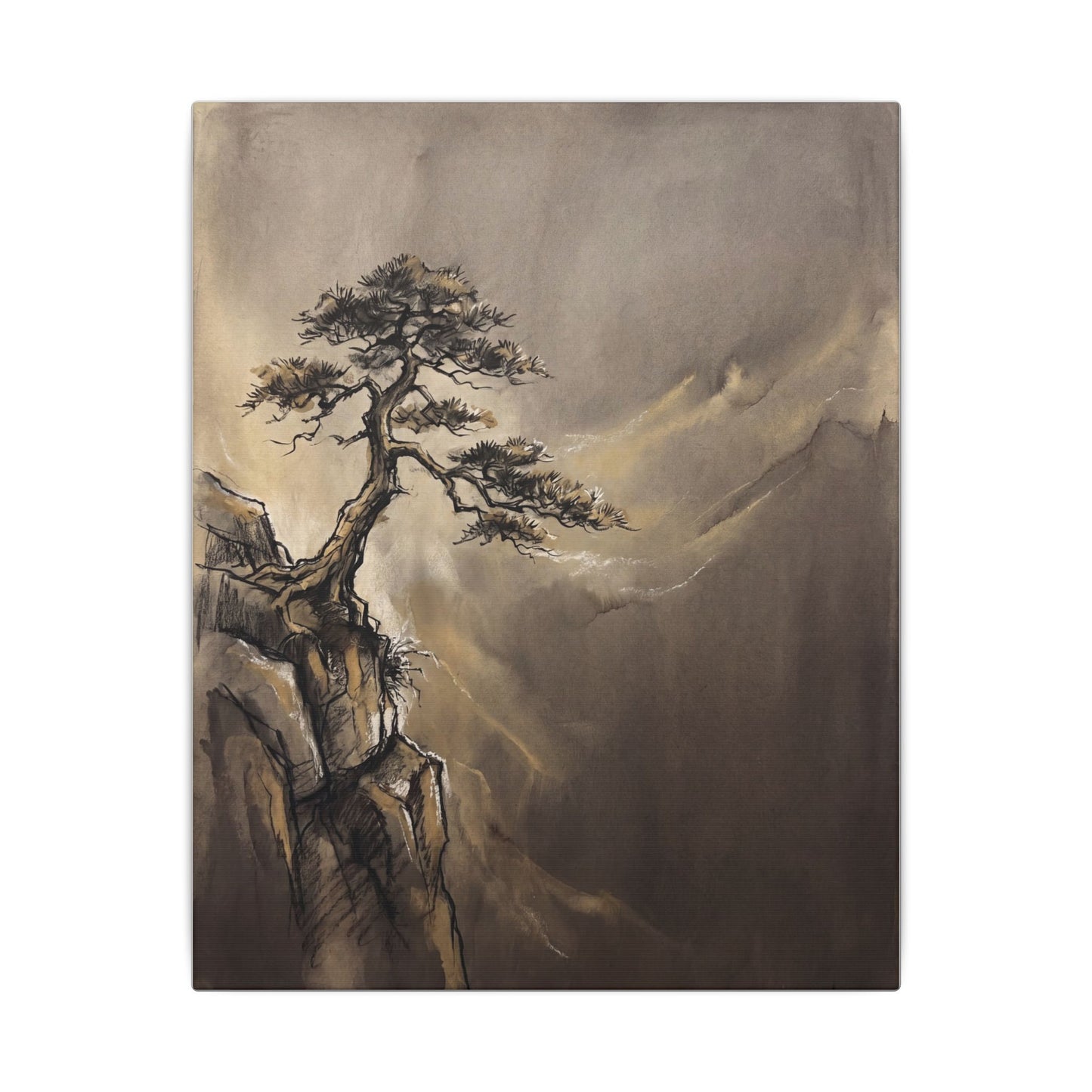 Pine Tree Charcoal Ink Canvas Art | Luxurious Dark Japandi Art