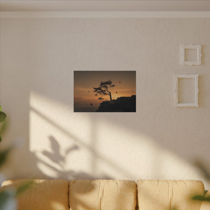 Dark Japandi Pine Tree in Golden Hour | Moody Minimal Canvas Art