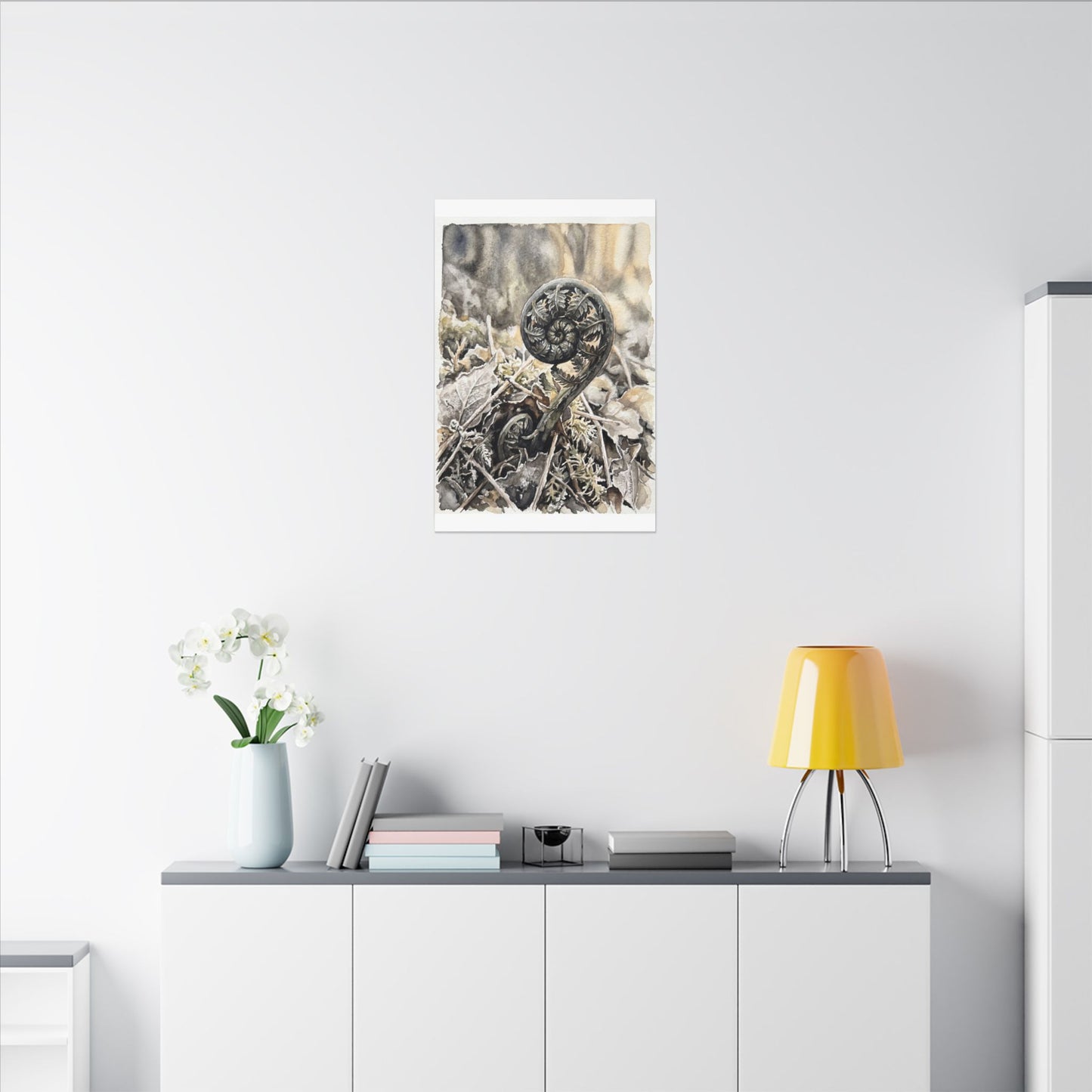 Japandi Fern Unfurling in Golden Hour | Watercolor Canvas Art