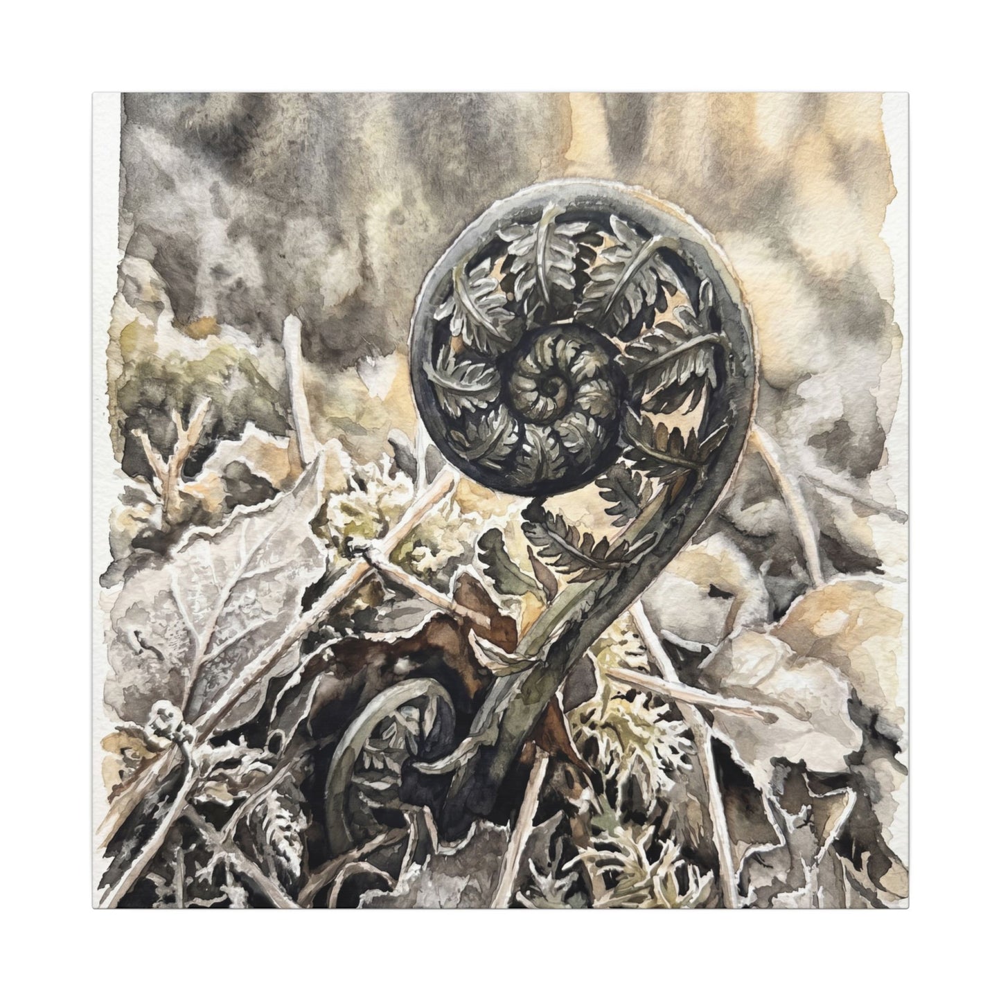 Japandi Fern Unfurling in Golden Hour | Watercolor Canvas Art