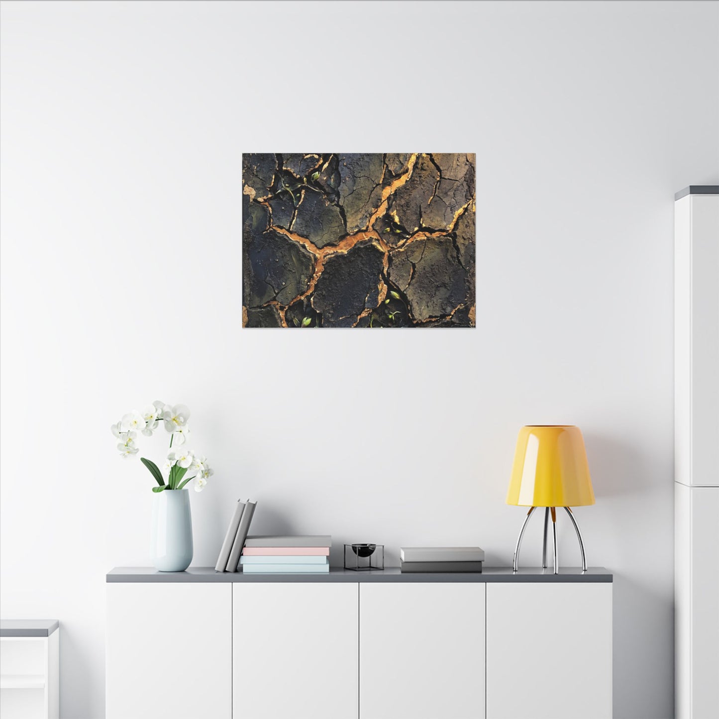 Cracked Earth Spring Canvas Art | Dark Japandi Atmospheric Design