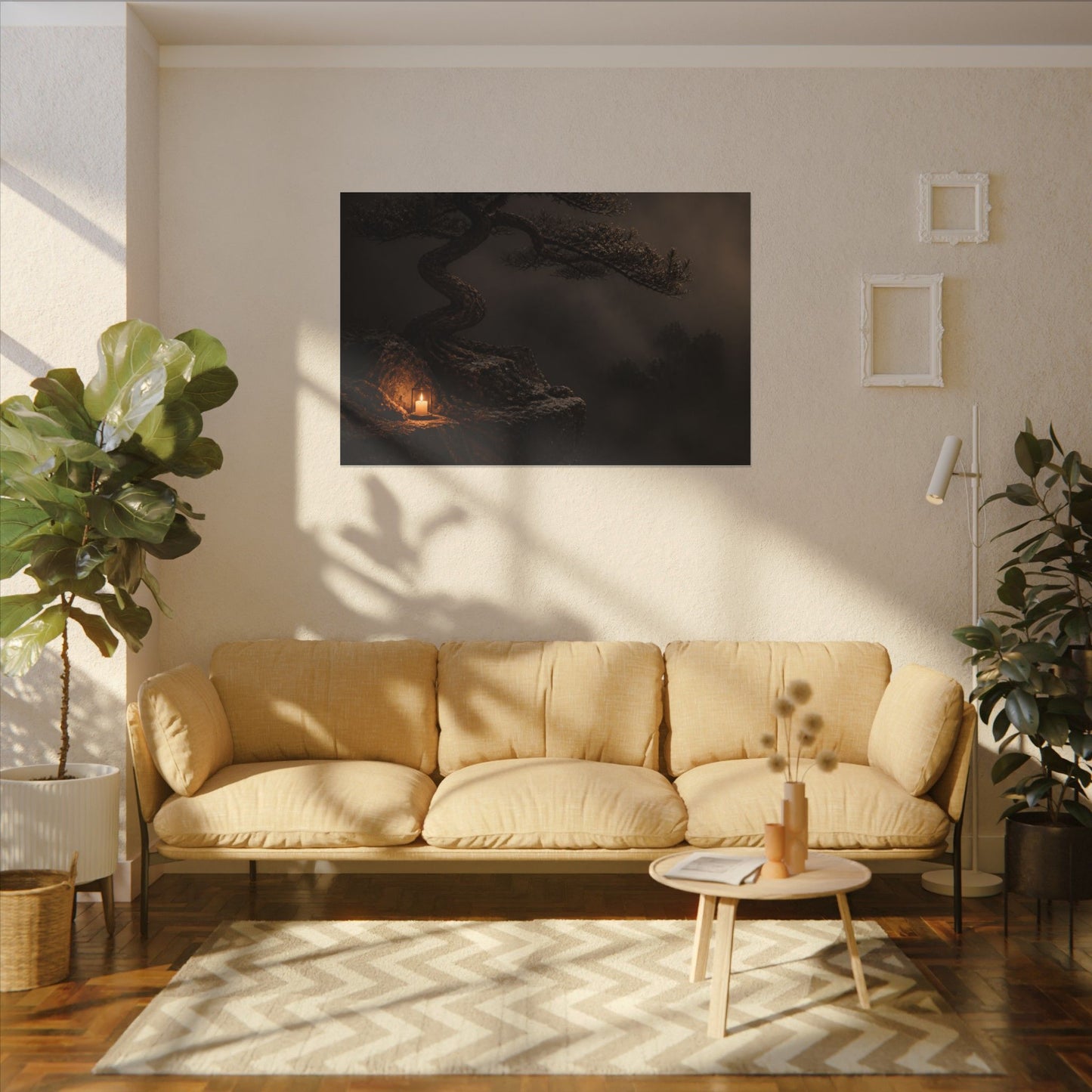 Pine Tree Shadow Zen Canvas Art | Luxurious Dark Japandi Art