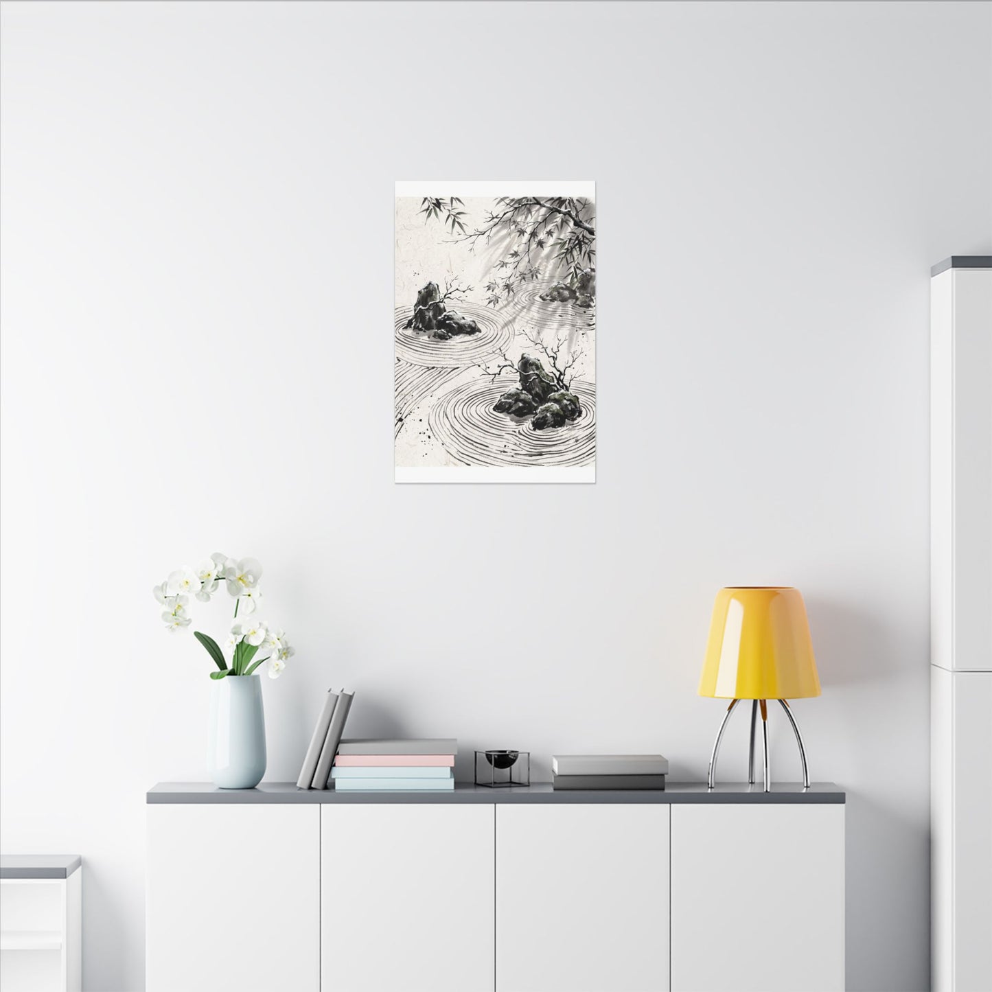 Rock Garden Canvas Art | Winter Zen Sumi E Art