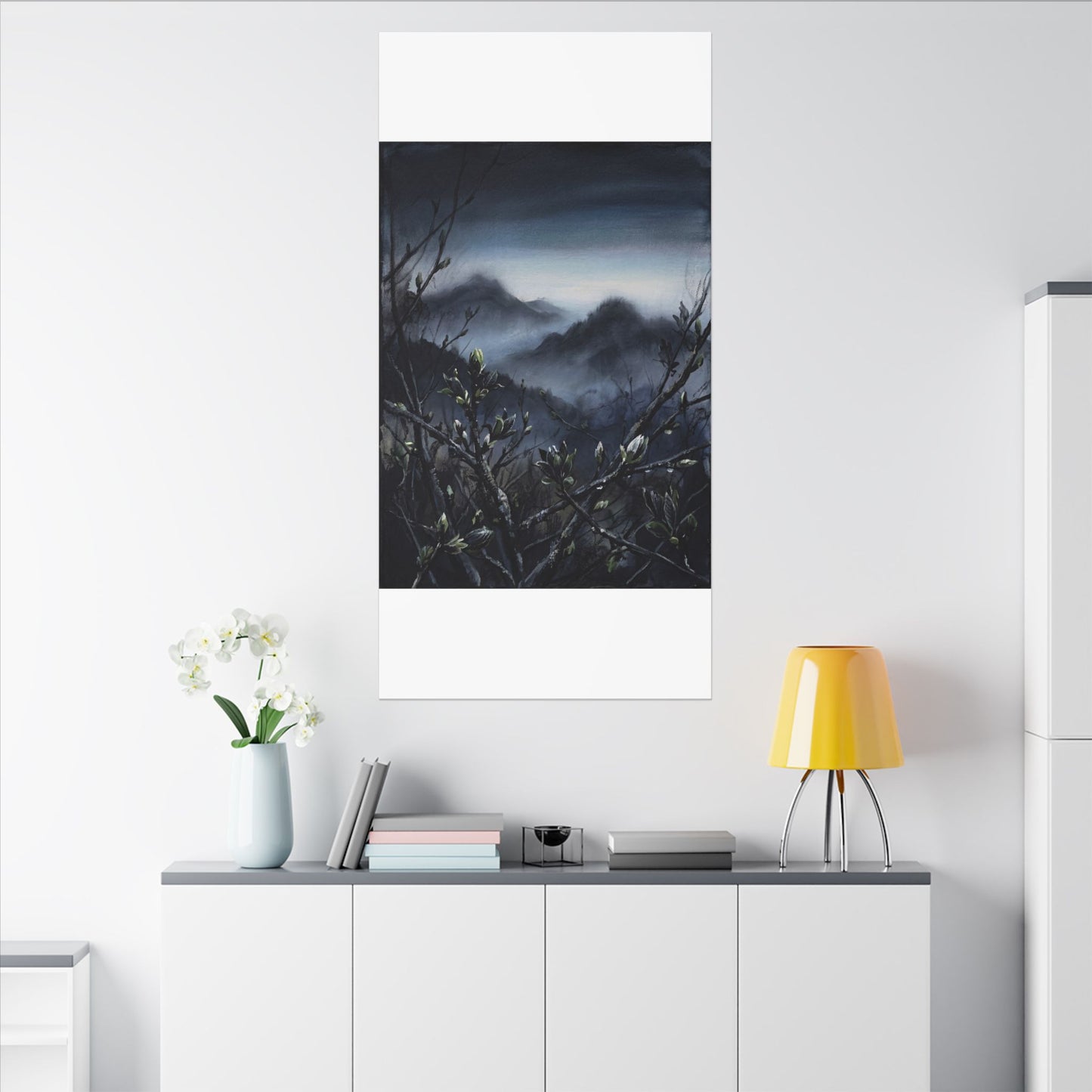 Mountain Mist Spring Canvas Art | Dark Japandi Atmospheric Design