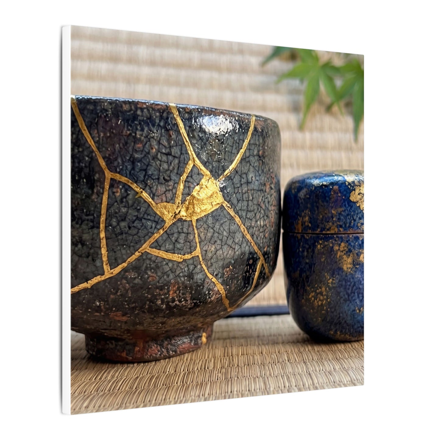 Tea Ceremony Crackle Gold Canvas Art | Philosophical Kintsugi Art