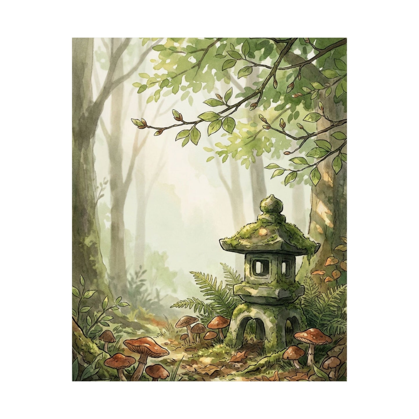 Spring Stone Lantern Mushroom Illustration Wall Art Print | Earthy Decor