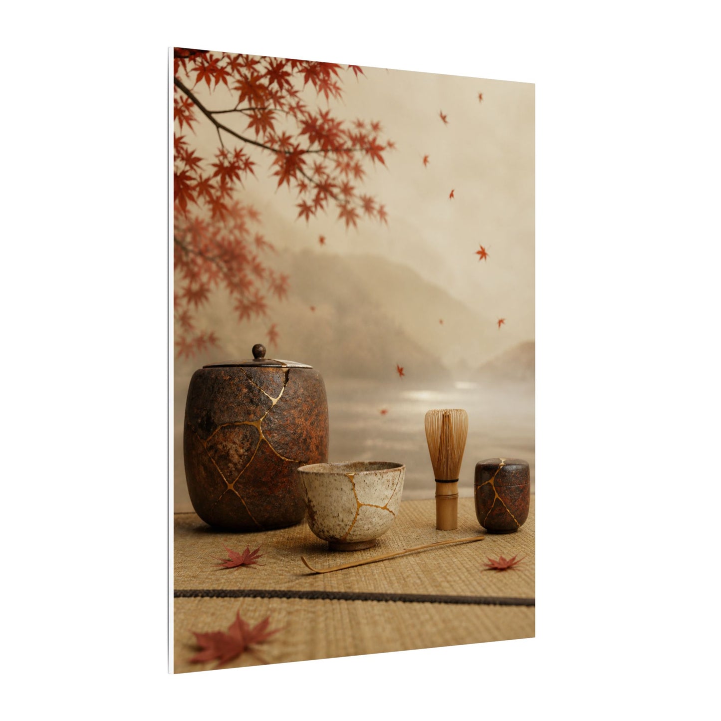 Tea Ceremony Canvas Art | Autumn Kintsugi Gold Vein Art