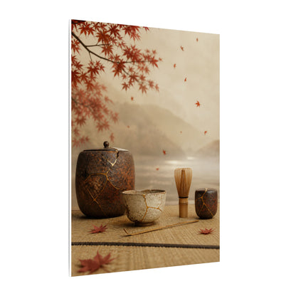 Tea Ceremony Canvas Art | Autumn Kintsugi Gold Vein Art