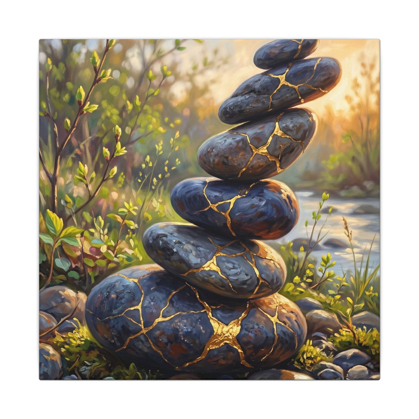 Spring River Stones Gold Repair Canvas Art | Healing Decor
