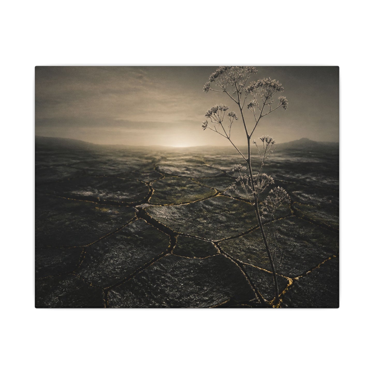Dawn Cracked Earth Canvas Art - Dark Japandi Mono No Aware