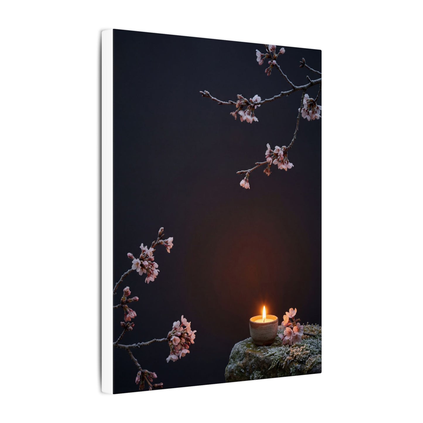 Dark Japandi Cherry Blossom in Candlelight | Moody Minimal Canvas Art