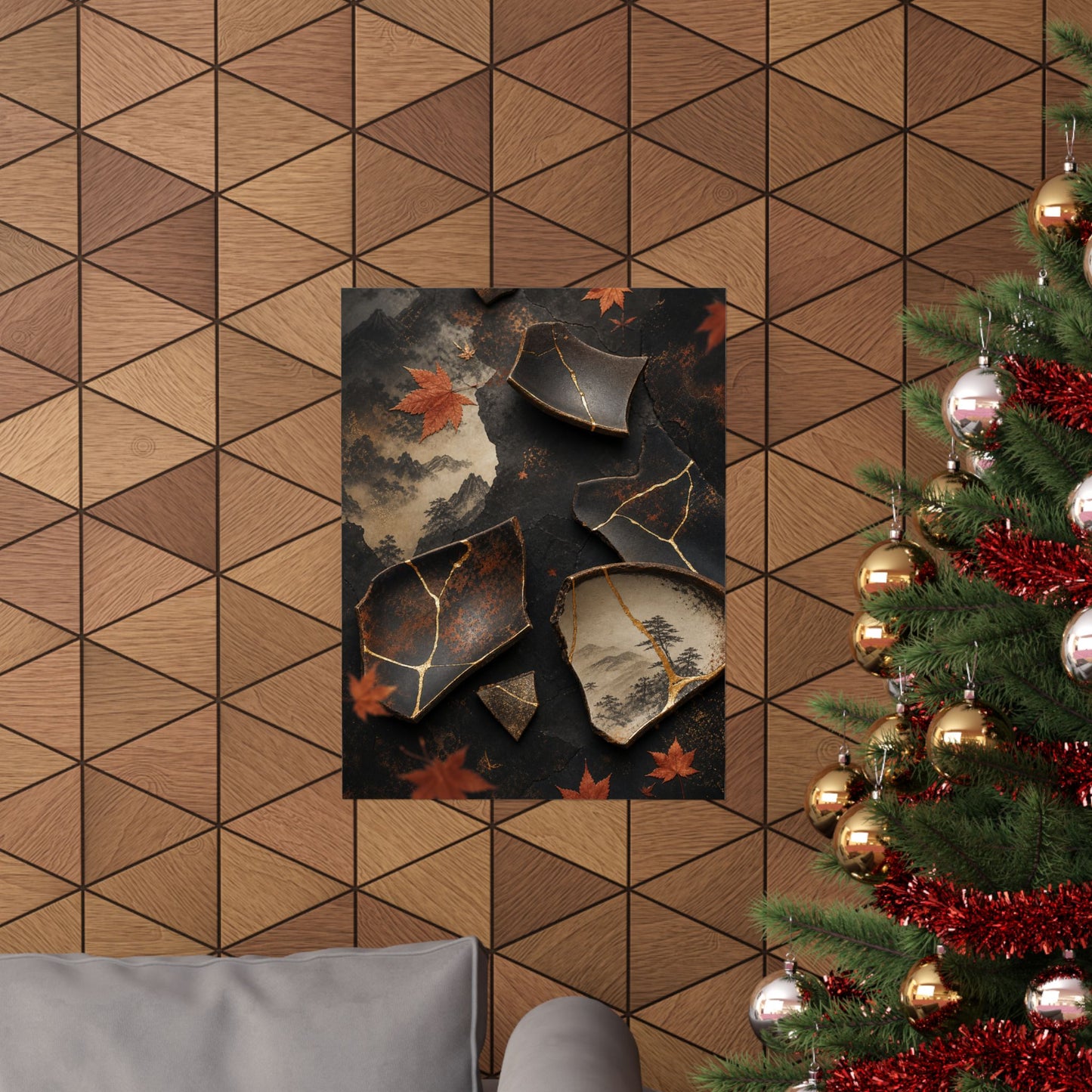 Broken Pottery Wall Art Print | Autumn Kintsugi Gold Vein Art
