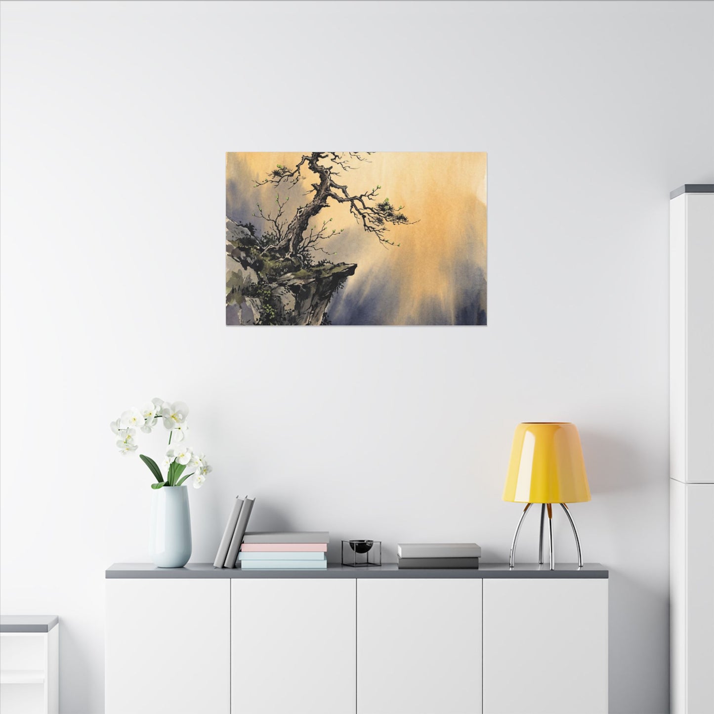 Zen Pine Tree in Golden Hour | Sumi E Canvas Art