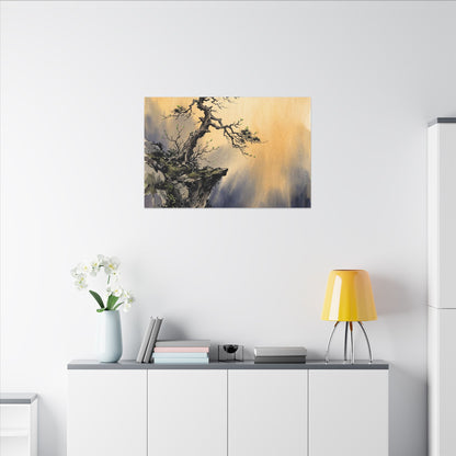 Zen Pine Tree in Golden Hour | Sumi E Canvas Art
