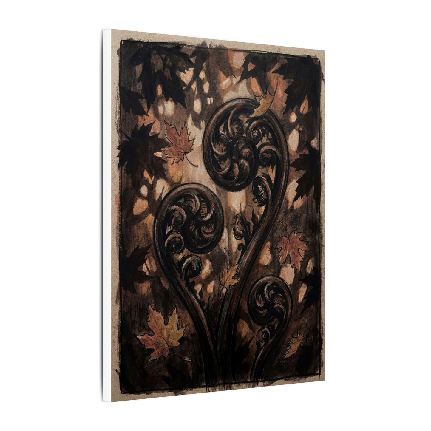 Mono No Aware Fern Unfurling Canvas Art - Dark Japandi Charcoal Ink