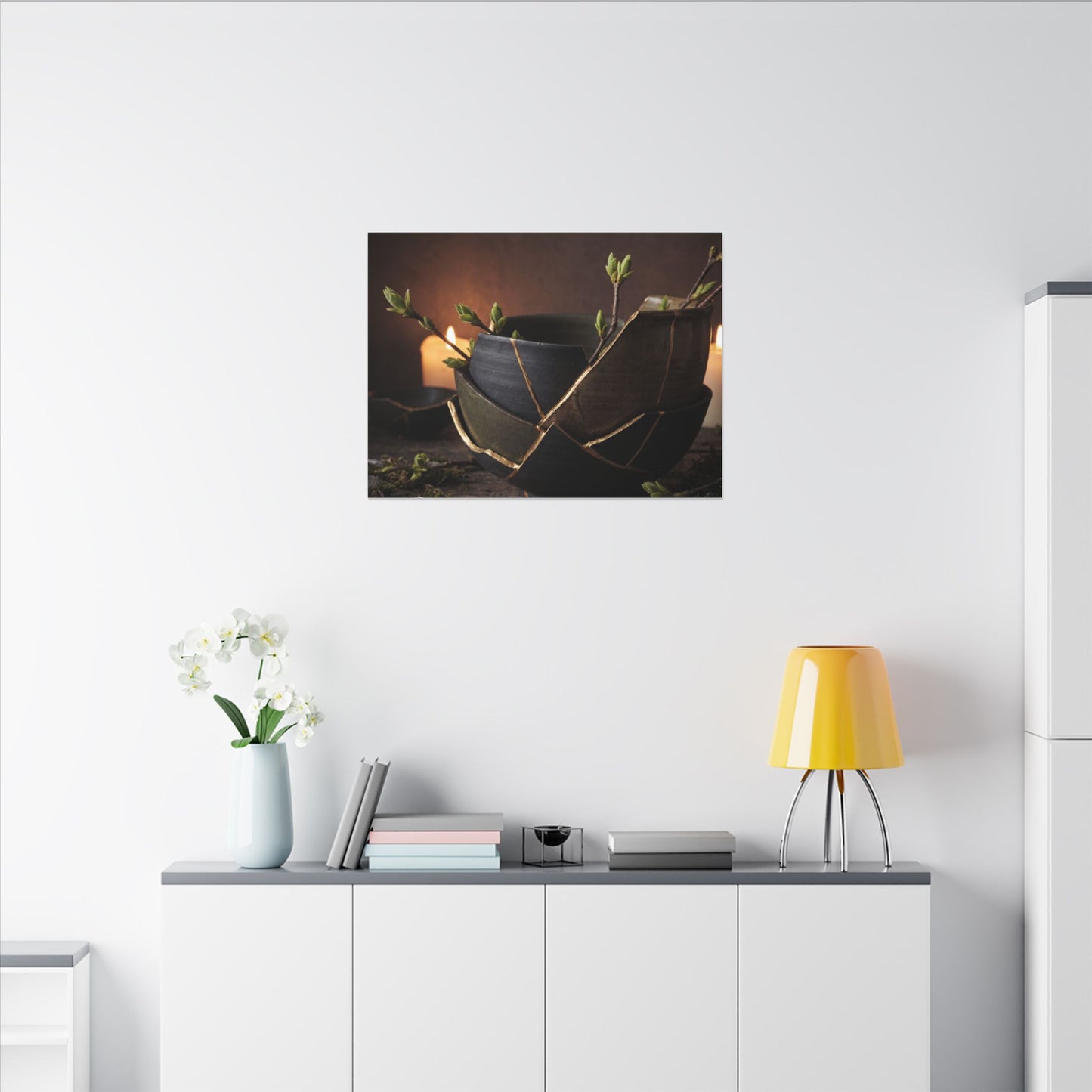 Broken Pottery Spring Canvas Art | Dark Japandi Luxurious Design