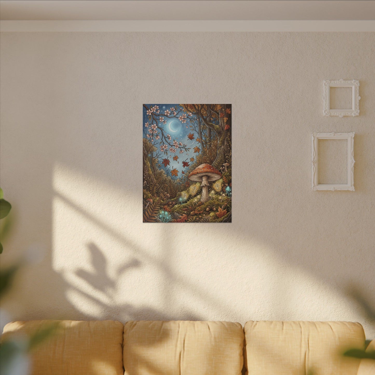 Autumn Cherry Blossom Mushroom Illustration Canvas Art | Enchanting Decor