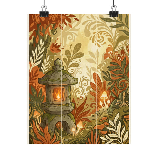 Rustic Stone Lantern Wall Art Print - Forest Whimsy Cottagecore