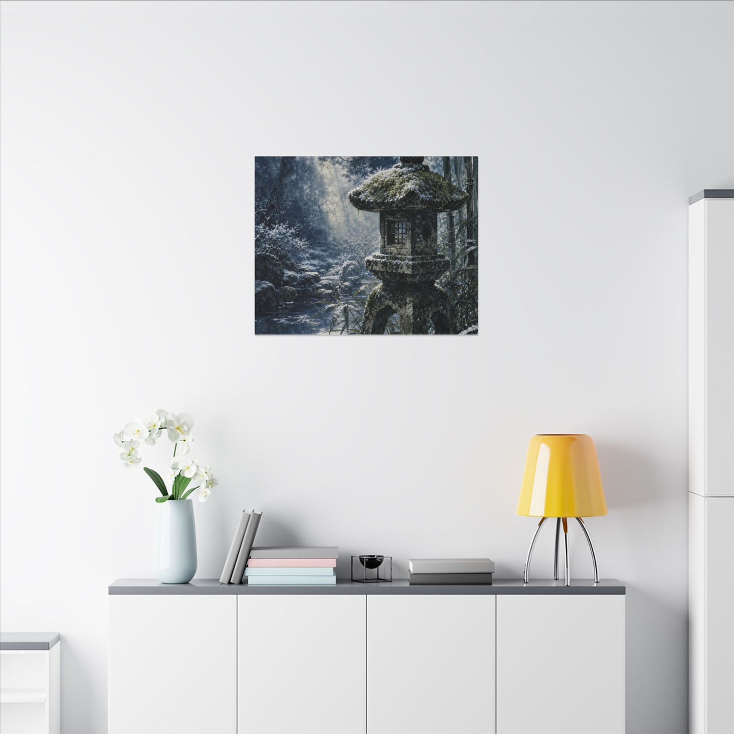 Zen Stone Lantern in Dappled | Sumi E Canvas Art