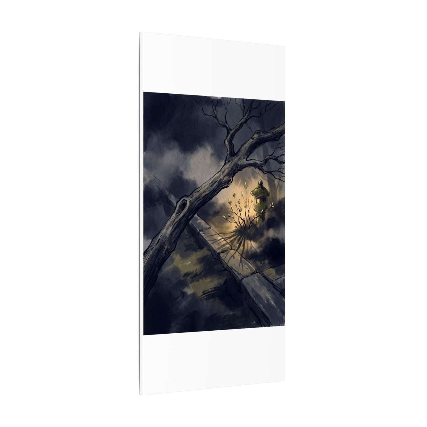 Dark Japandi Moonlit Garden in Golden Hour | Charcoal Ink Canvas Art