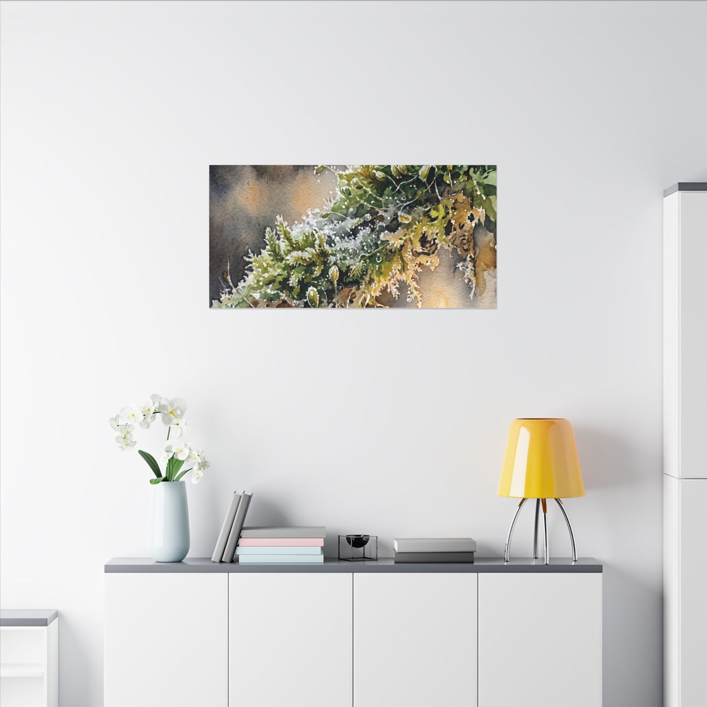 Winter Moss Close Up Watercolor Canvas Art | Neutral Decor