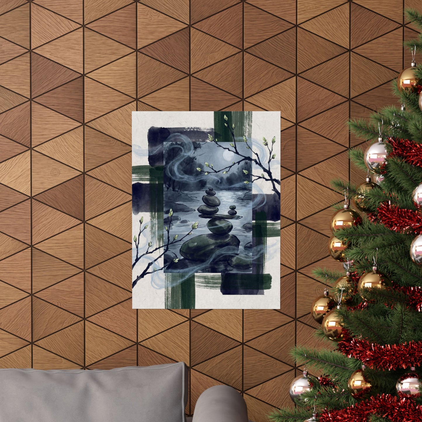 River Stones Wall Art Print | Spring Zen Sumi E Art