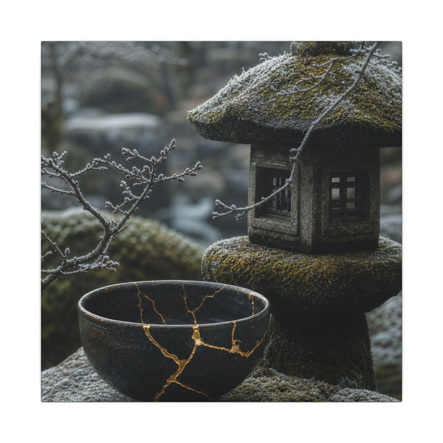 Stone Lantern Canvas Art | Winter Kintsugi Gold Repair Art