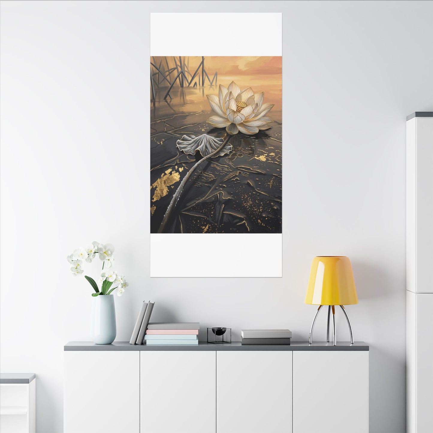 Kintsugi Lotus Flower in Golden Hour | Gold Vein Canvas Art