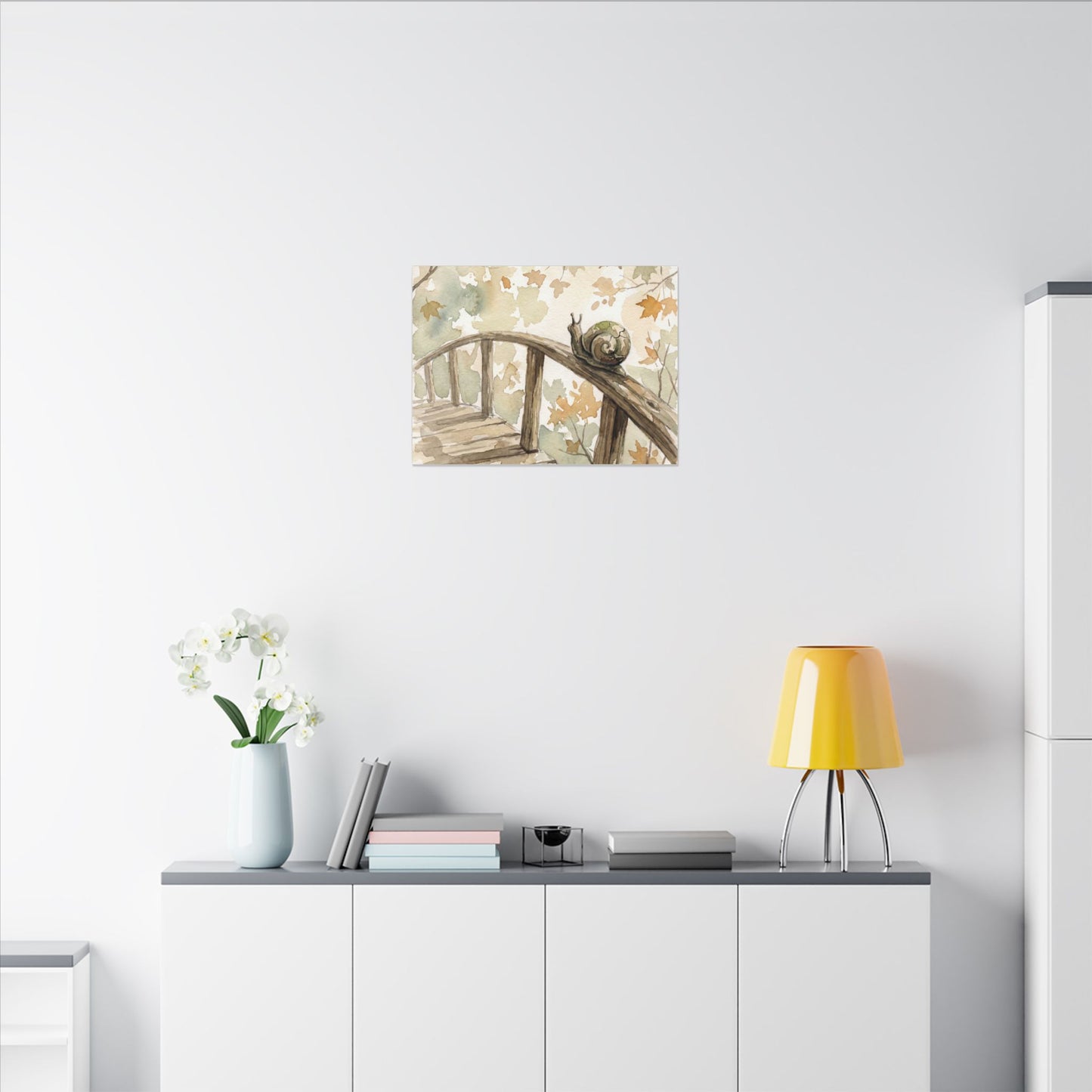 Wooden Bridge Canvas Art | Autumn Japandi Watercolor Art