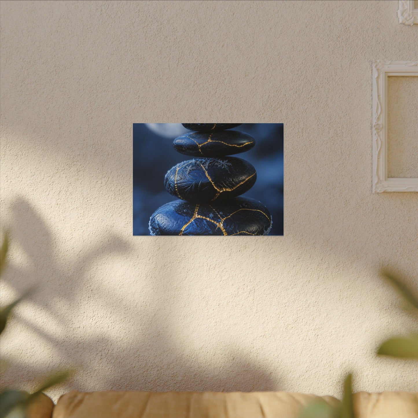 River Stones Canvas Art | Winter Kintsugi Gold Repair Art