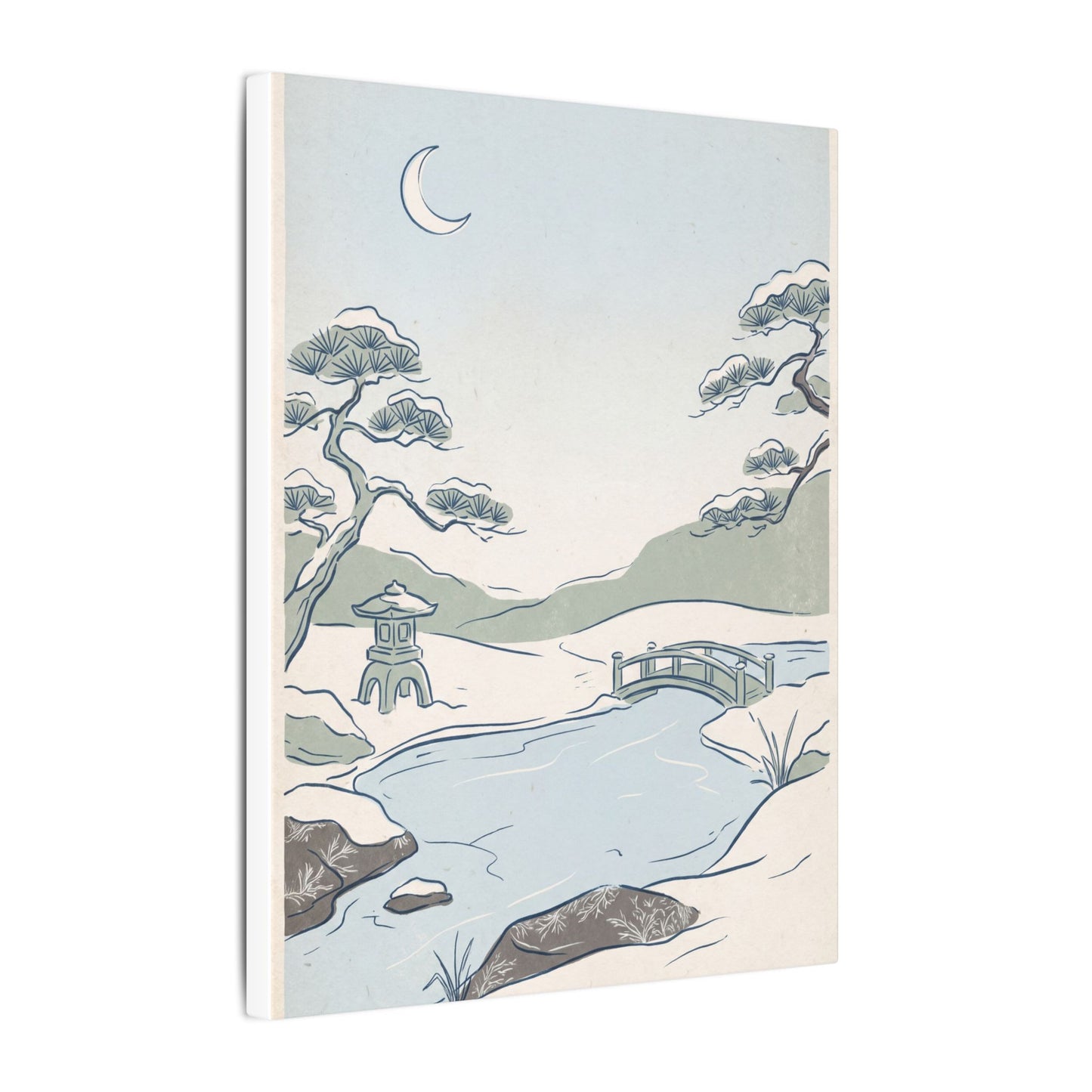 Japandi Moonlit Garden in Moonlight | Minimal Line Canvas Art