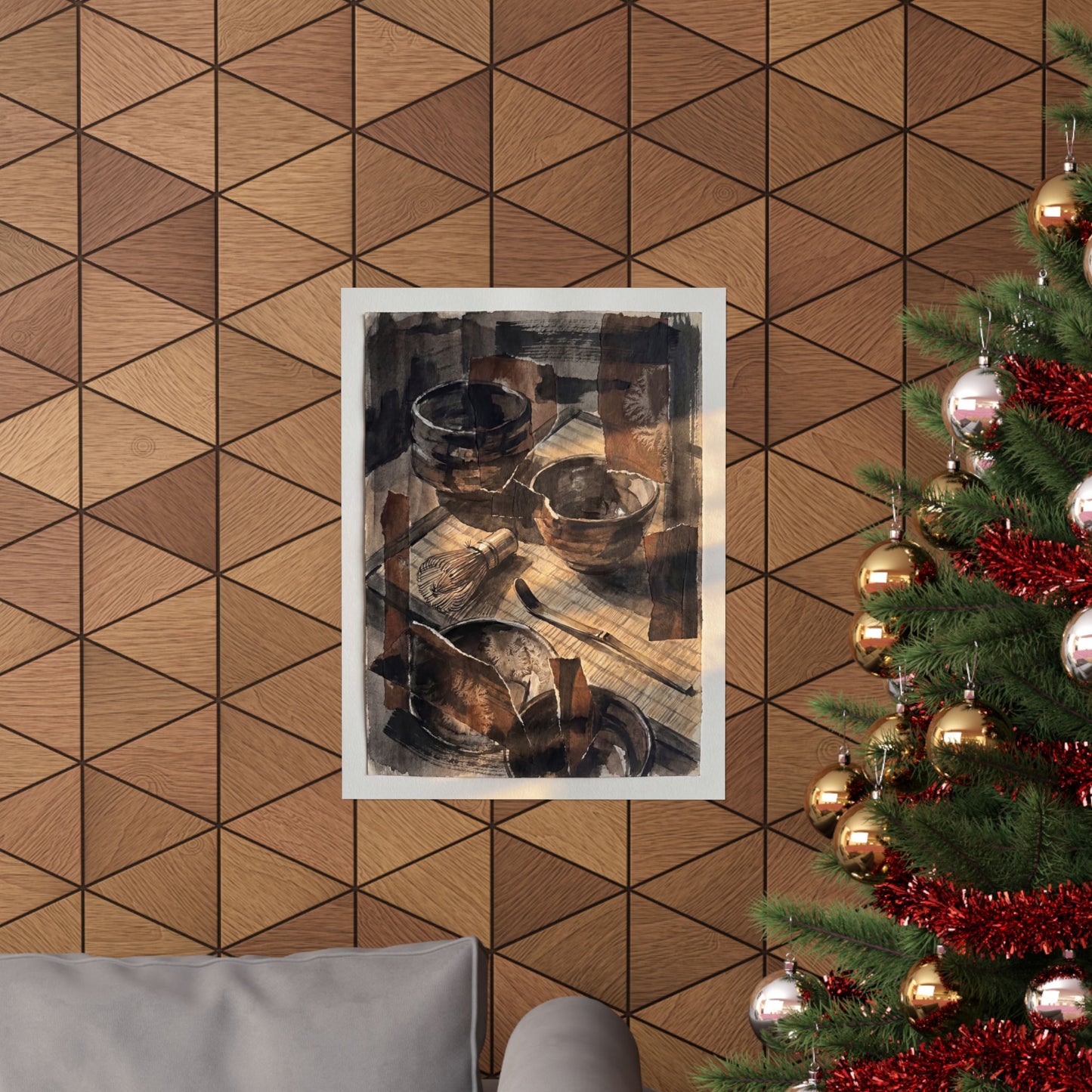 Dark Japandi Tea Ceremony in Golden Hour | Charcoal Ink Wall Art Print