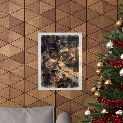 Dark Japandi Tea Ceremony in Golden Hour | Charcoal Ink Wall Art Print
